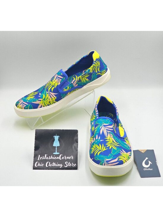 NWT OluKai Men\'s Laeahi Pai Sunset Blue Aloha Canvas Slip-On Sneakers Sz 10 2845